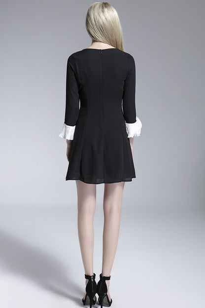 Beaded Round Collar Ruffle Flare Sleeve Slim Dress