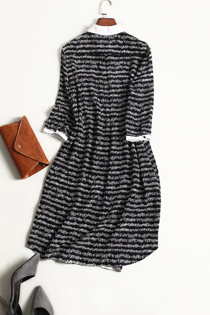 Lapel Neck 3/4 Sleeve Color block Stripe Pattern Midi Dress - NJOYDRESS - 2