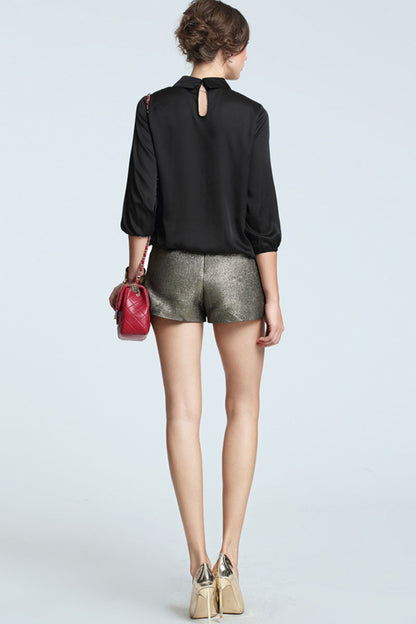Sequin Lapel Neck Rose Print Loose Top
