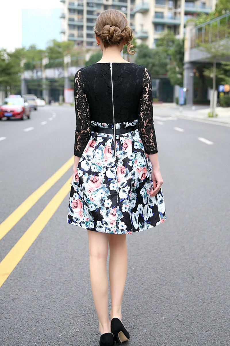 Lace Top With Ruffle Waist Flared Skirt Dress