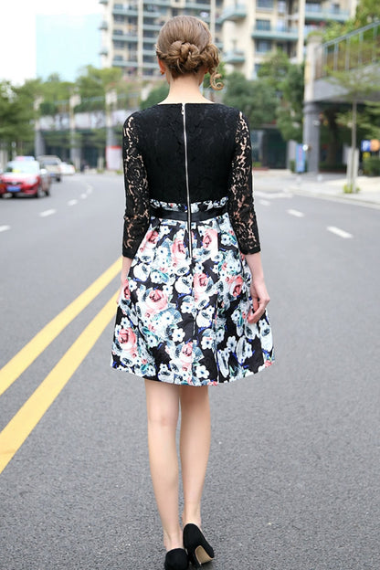 Lace Top With Ruffle Waist Flared Skirt Dress