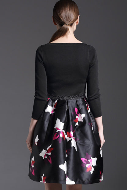 Boat Collar Knit Long sleeve Patch Print Full Dress