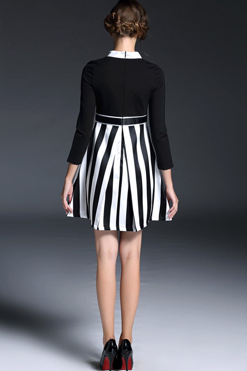 slim stand collar casual wear to work vertical stripe mini dress