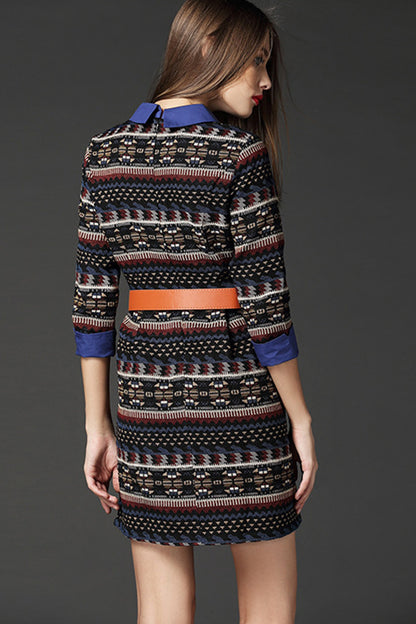 Tribal Pattern Flared Dress With PU Belt
