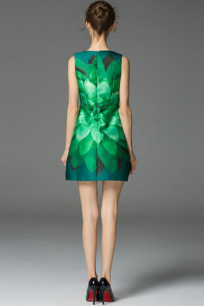 Formal Round Neck Lotus Pattern Printed Short Dress