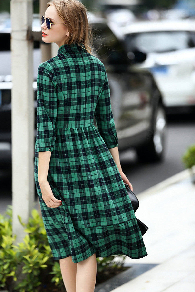 Lapel Neck Plaid Tunic Pleat Dress With Belt