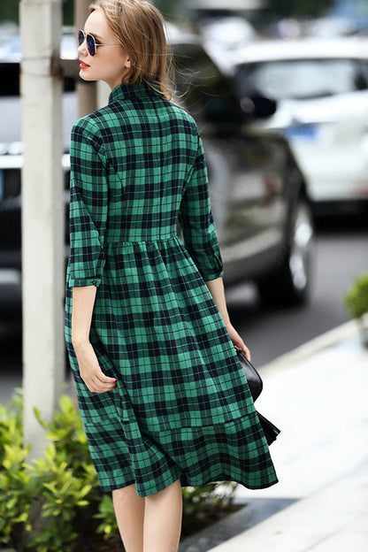 Lapel Neck Plaid Tunic Pleat Dress With Belt