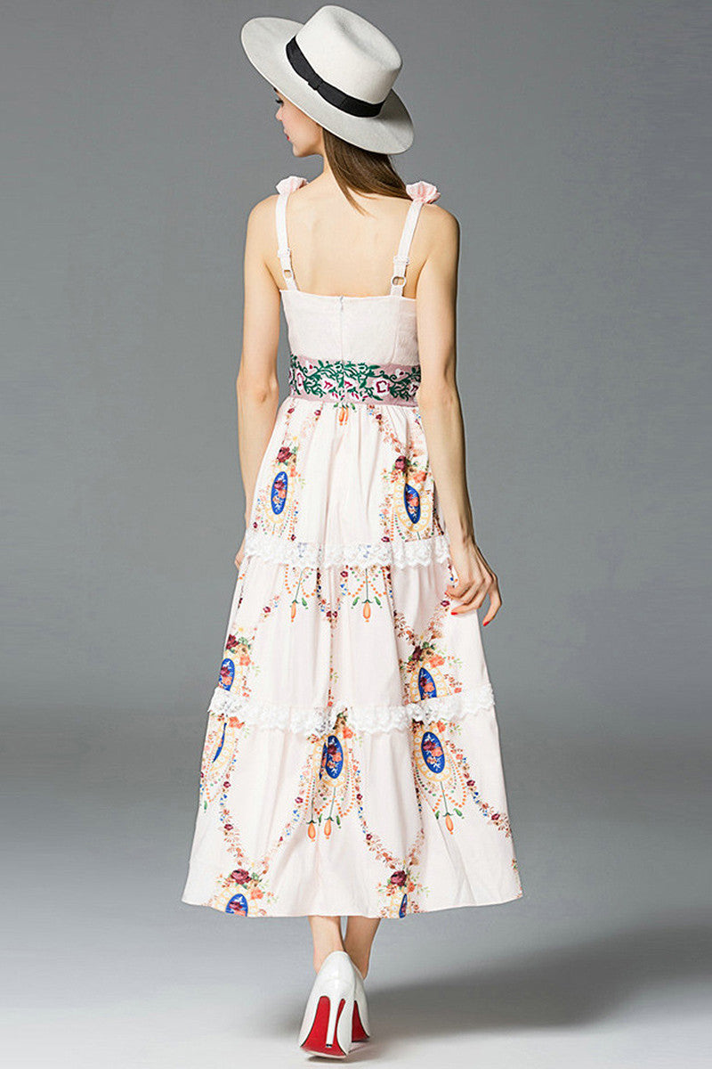 Vintage Spaghetti Embroidery Printing Maxi Dress
