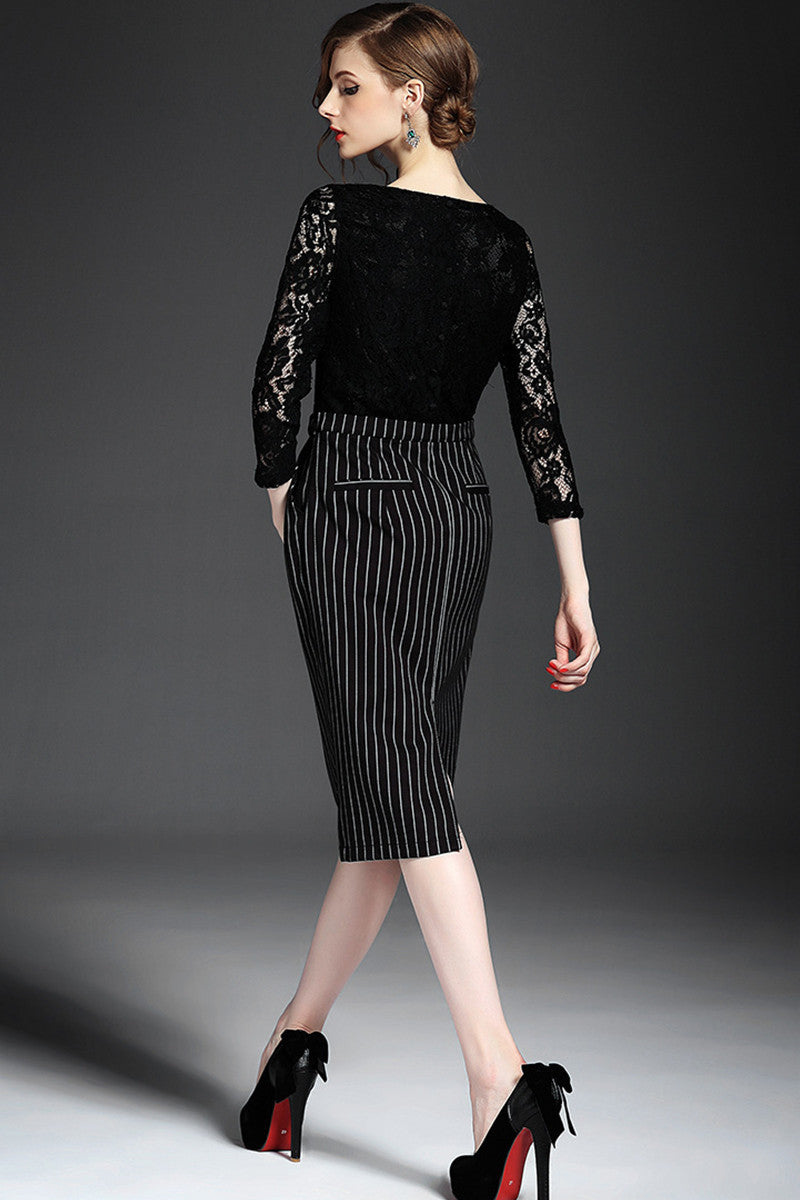 WOMEN'S ELEGANT BLACK BOAT NECK 9 SLEEVE LACE DRESS