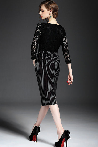 WOMEN'S ELEGANT BLACK BOAT NECK 9 SLEEVE LACE DRESS