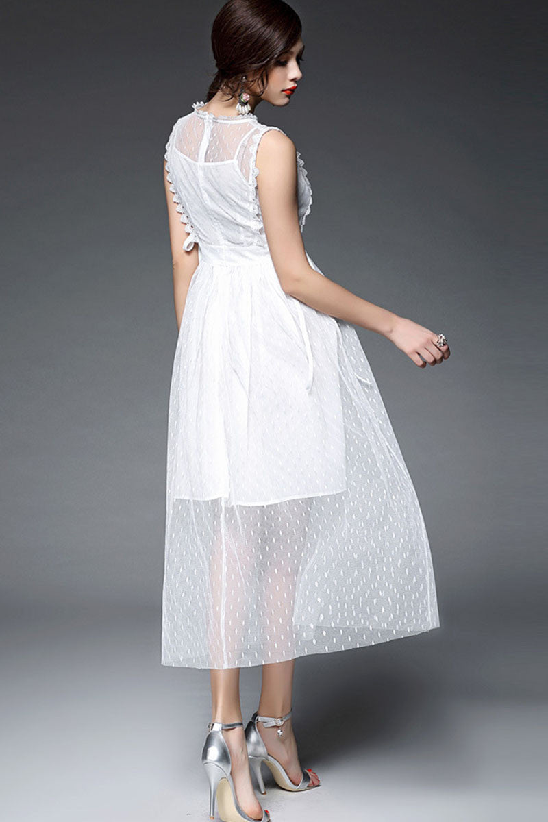 Round Collar Lace Hem Shirring Waist Sheer Mesh  Maxi Dress