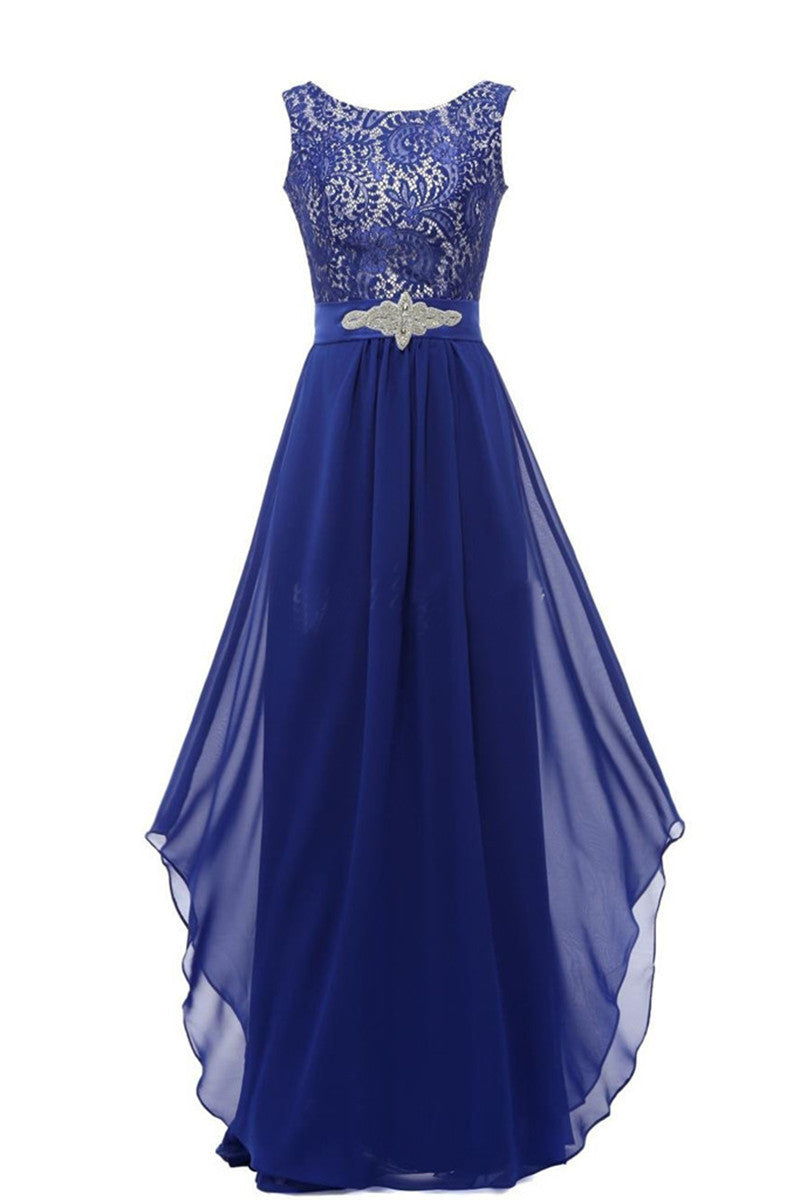 Round Collar Lace Applique Beaded Empire Waist Backless Flare Hem Tulle Gown Dress