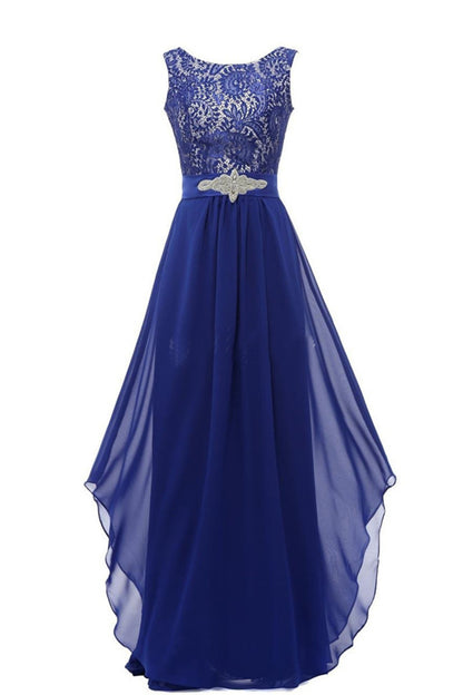 Round Collar Lace Applique Beaded Empire Waist Backless Flare Hem Tulle Gown Dress