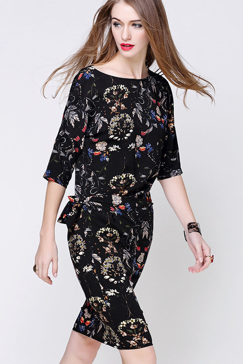 Floral Printting Dress With Side Bow Tie - NJOYDRESS - 2