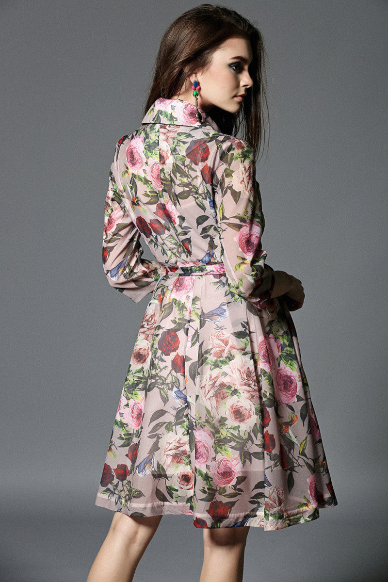 Peter Pan Collar Half-Sleeve Floral Lacing Waist Women Mini Dress