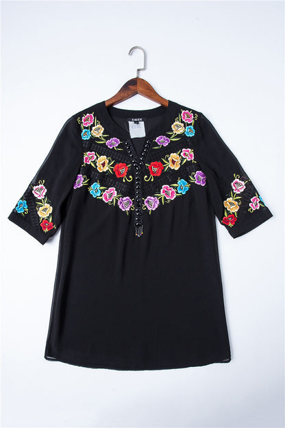 V Neck Embroidery Vintige Short T-shirt