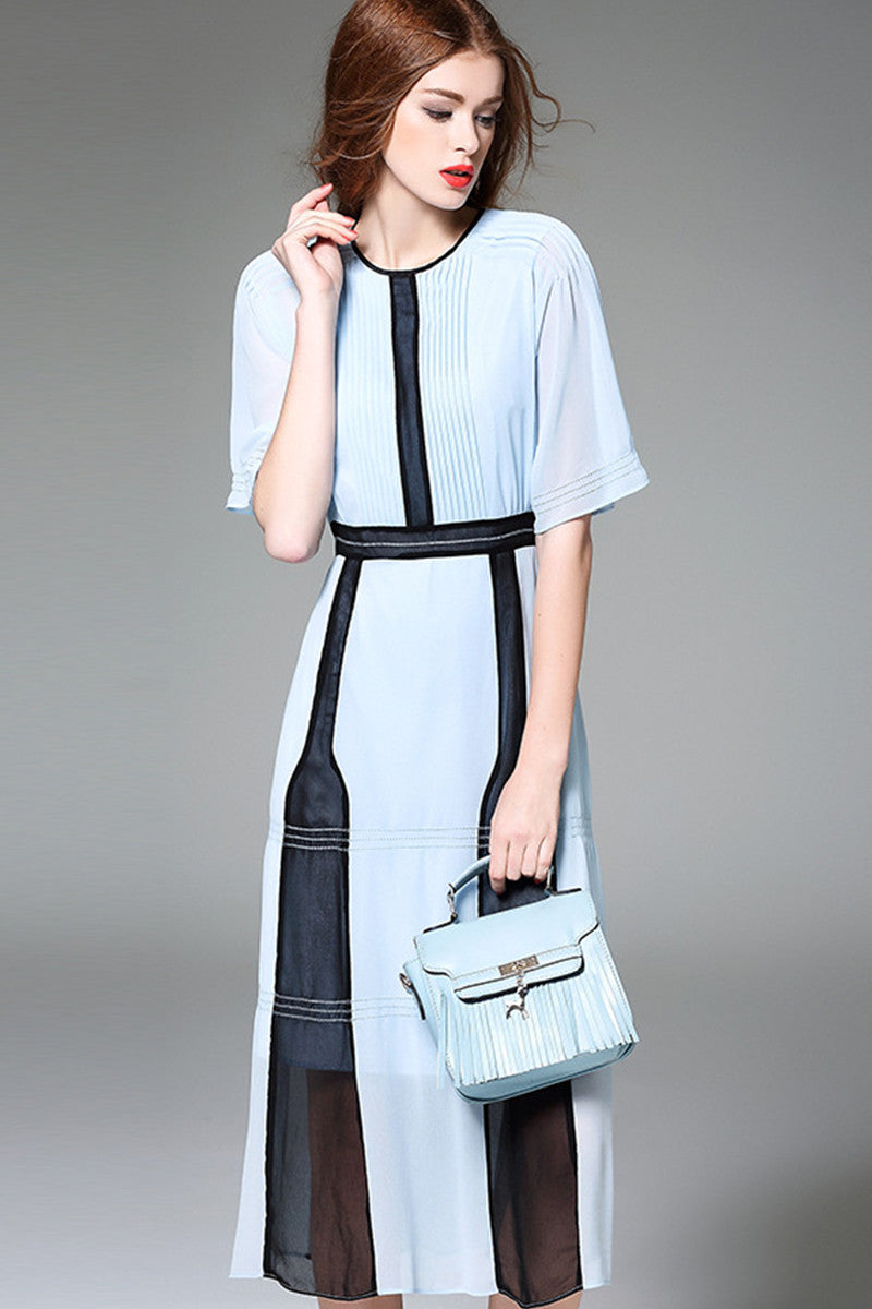 [30% OFF TILL 8 APR] Round Collar Pleated Chiffon Midi Sundress