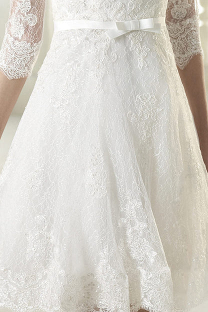 Deep V Neck Half Sleeves Sheer Back Slim Lace Dress Attached Bowknot
