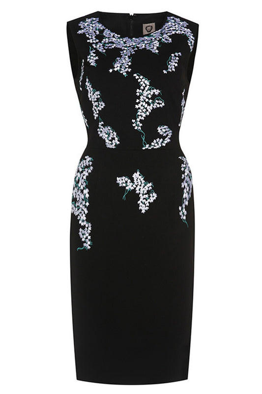 Round Collar Sleeveless Floral Embroidery Slim Dress