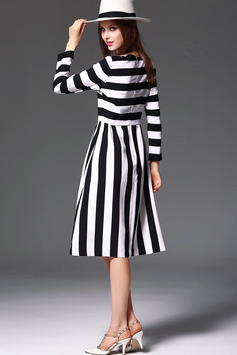 Women's Slim Boat Neck Striped 9 Sleeve Elegant Dress