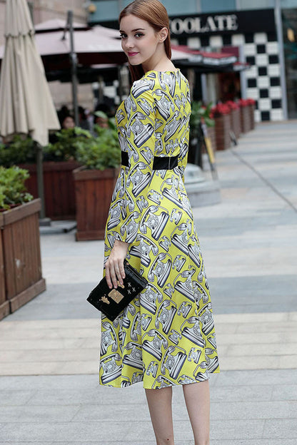 Round Collar Telephone Print Slim Flare Midi Silkk Dress - NJOYDRESS - 3