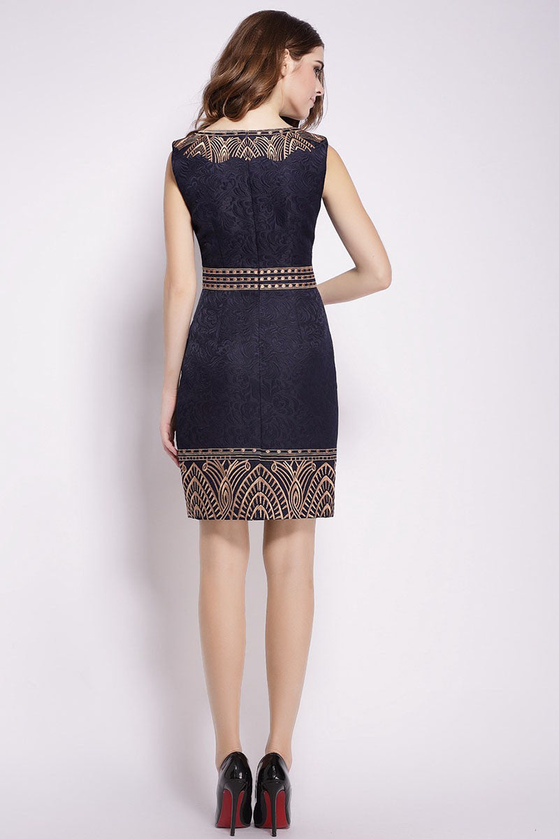 Boat Neck Retro Embroidery Jacquard Slim Dress