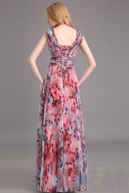 Deep V Neck High Waist Backless Floral Print Chiffon Long Dress