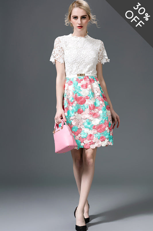 [30% OFF TILL 7 APR] Casual Lace Embroidery Layer Casual Dress With Belt