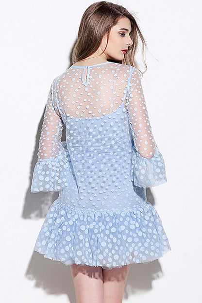 CASUAL A-LINE LACE ROUND NECK DOT PRINTING PLEATED COCKTAIL DRESS