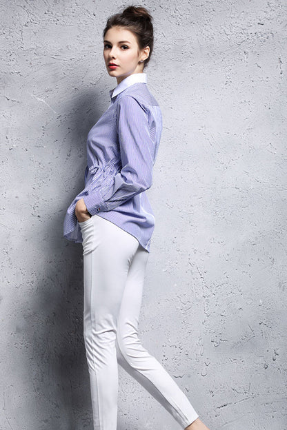 Roll Collar Slim Line Pattern Shirring Waist Shirt - NJOYDRESS - 2
