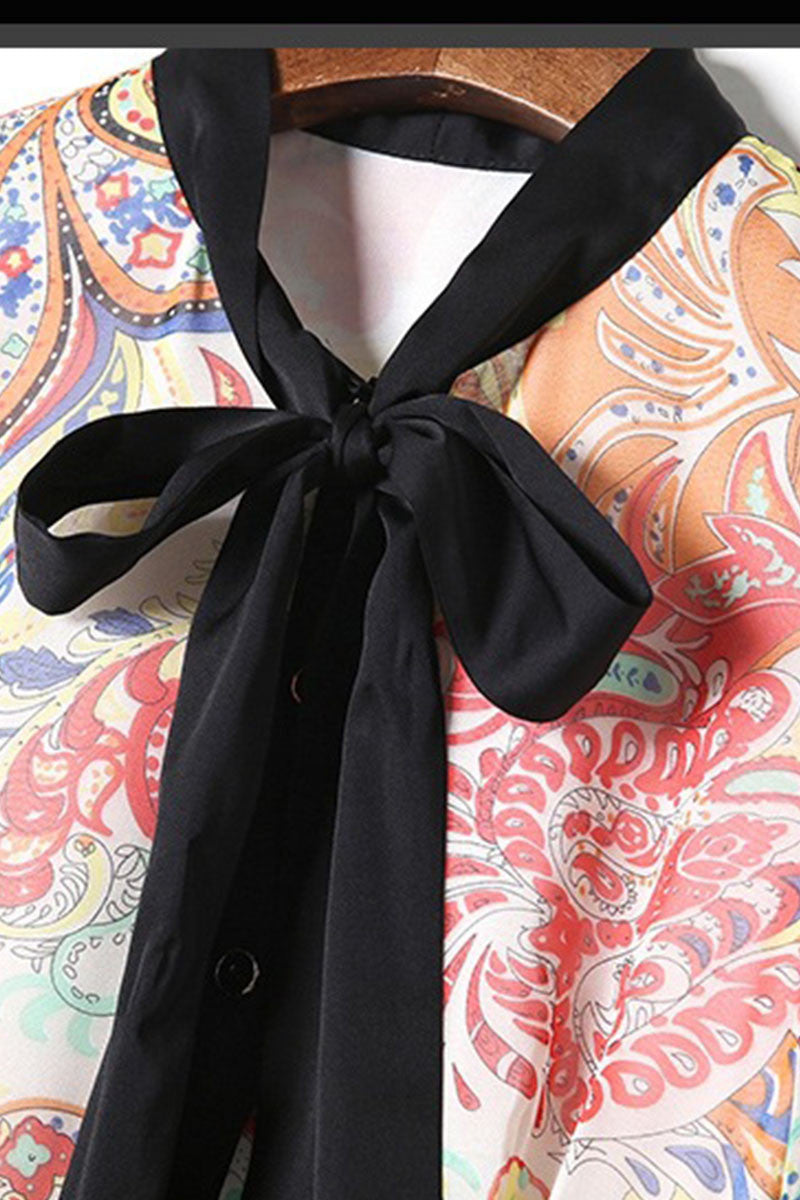 Bowknot Neck Multi-Color Retro Pattern Flare Dress