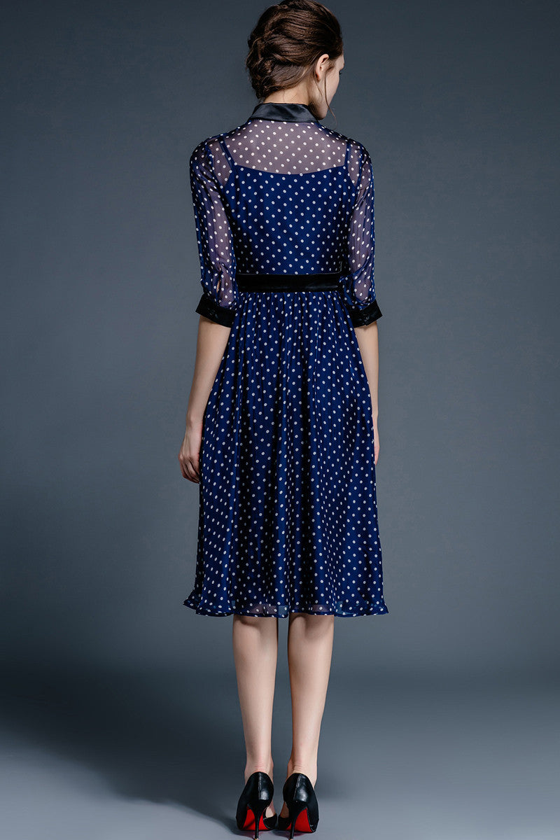 Lapel Neck Flowers Embroidery Flare Dress