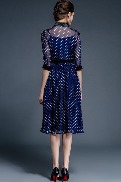 Lapel Neck Flowers Embroidery Flare Dress
