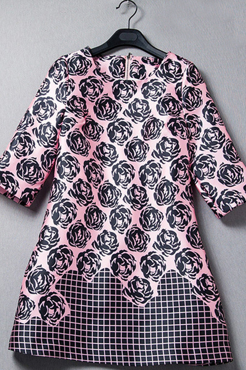 Half Sleeve Rose Pattern Shift Dress