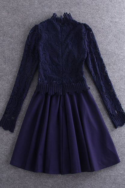 Lace Neck Lace Trim Tops Swing Tail Dress - NJOYDRESS - 2