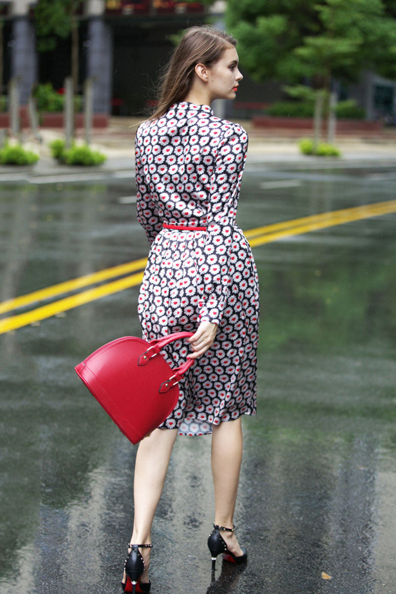 Stand Collar Floral Pattern Pleat Dress With Belt - NJOYDRESS - 3