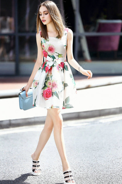ROUND NECK CASUAL PRINT AND FLORAL WEAR TO WORK MIDI DRESS