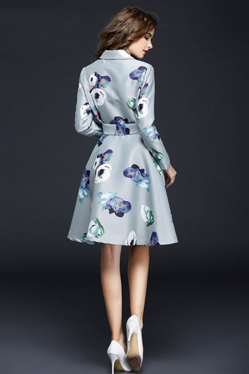 Multi Floral Lapel Flared Dress With Belt