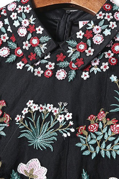 Lapel Neck Embroidered Flowers Sheer Mesh Dress