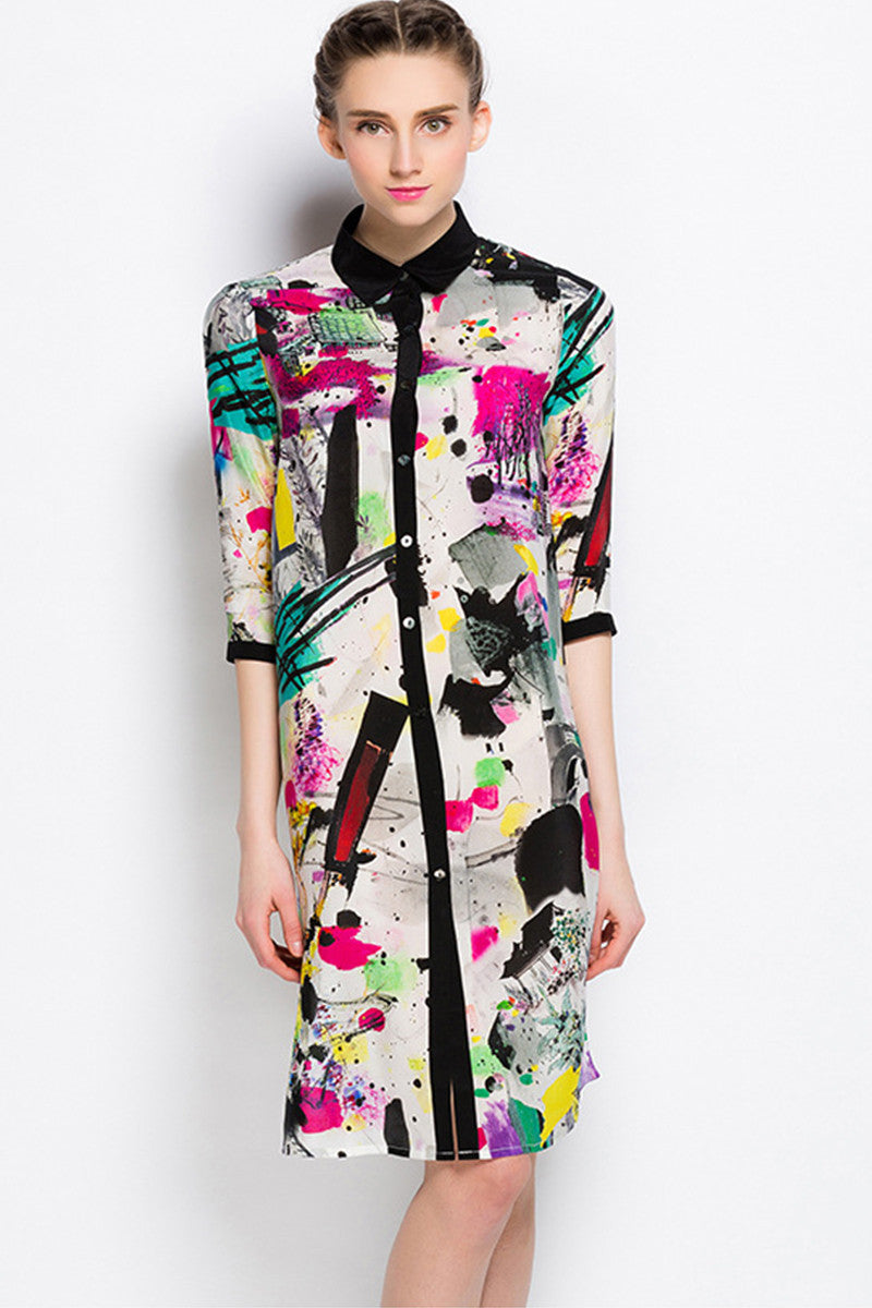 Lapel Fashion Digital Pattern Loose Dress