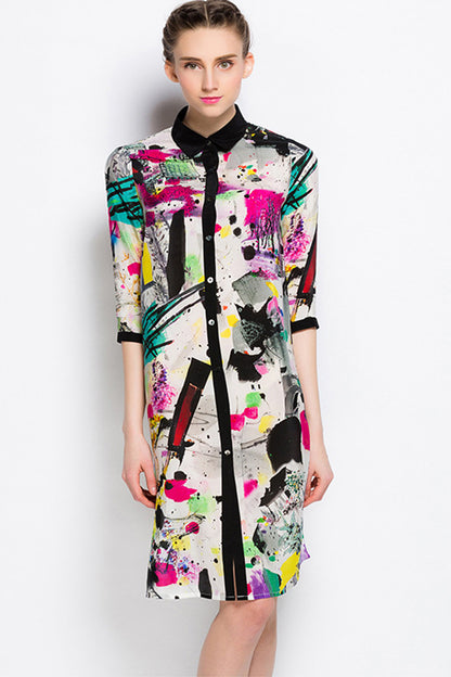 Lapel Fashion Digital Pattern Loose Dress