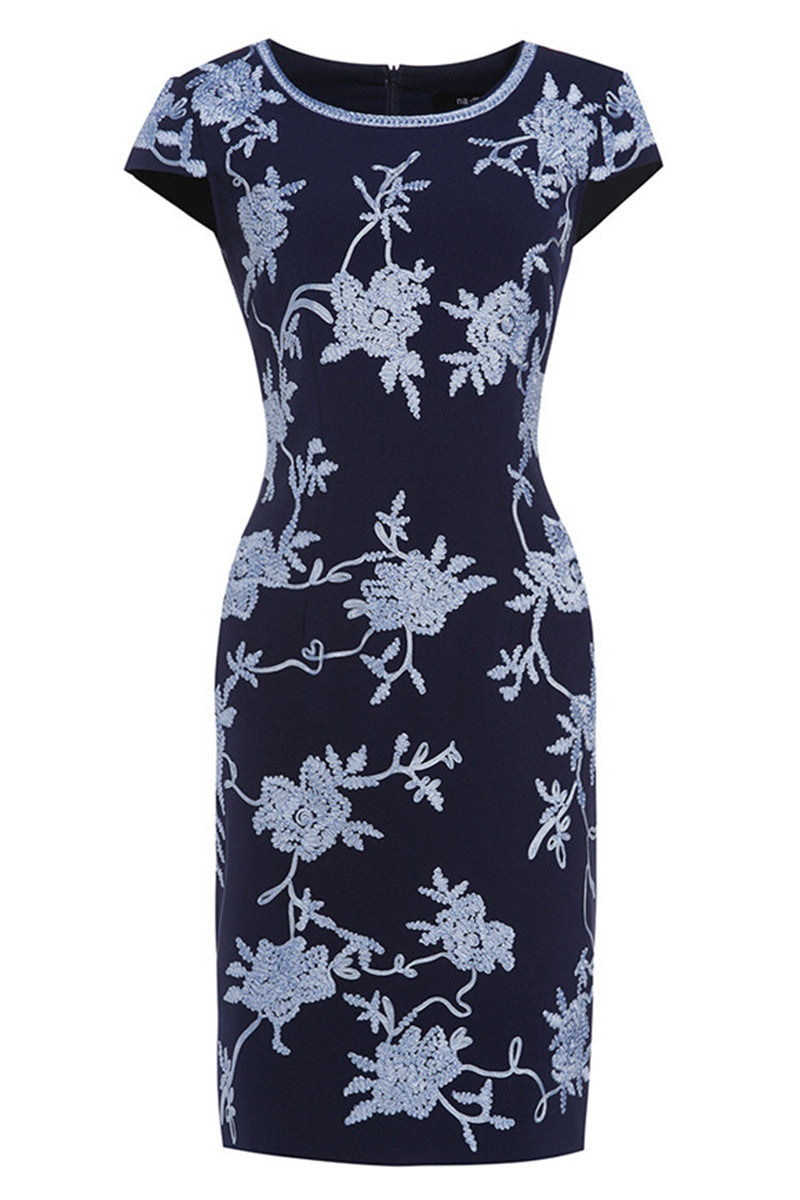 Round Collar Floral Embroidery Slim Dress