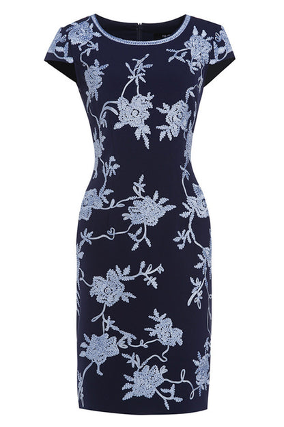 Round Collar Floral Embroidery Slim Dress