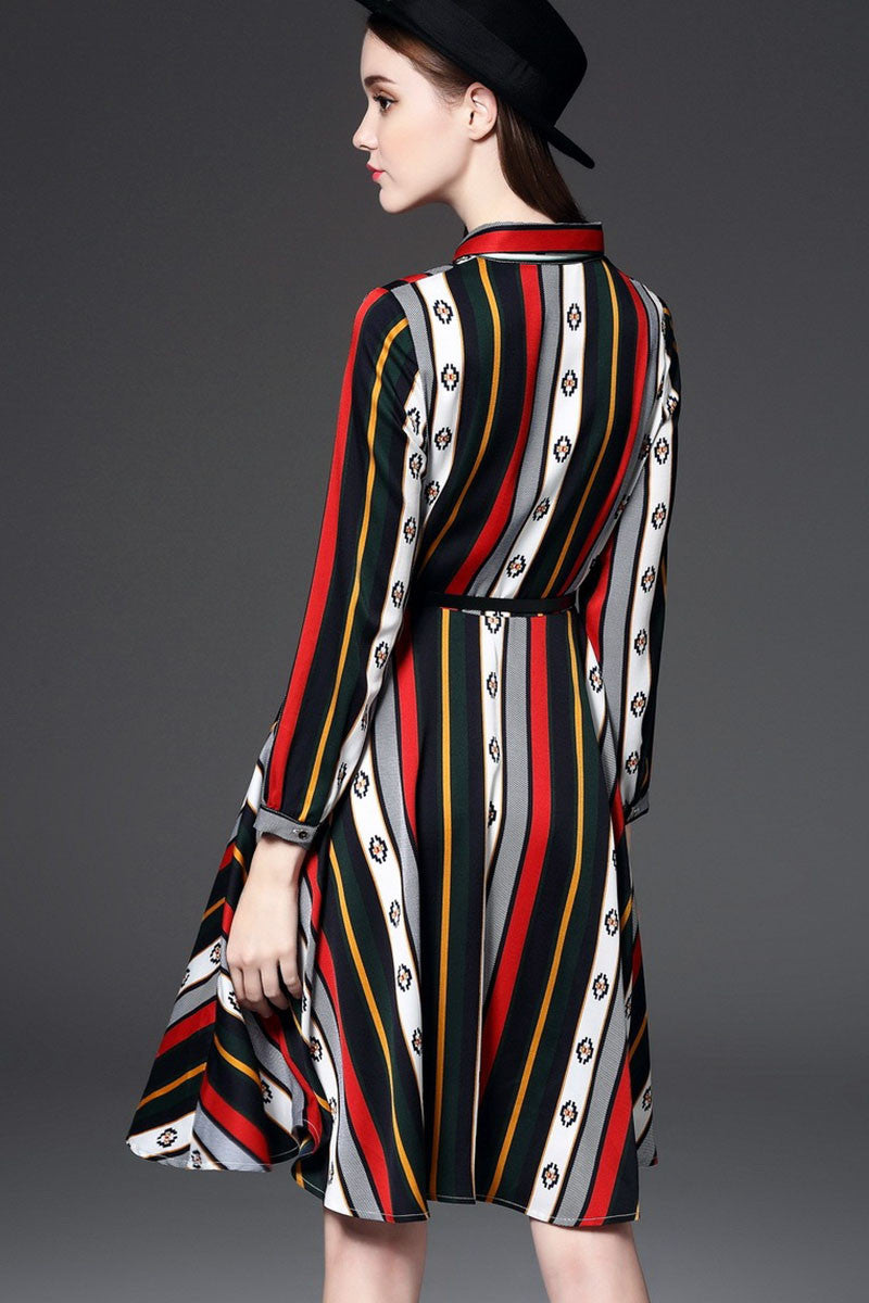 Lapel Neck Color Block Stripe Slim Swing Dress With Belt