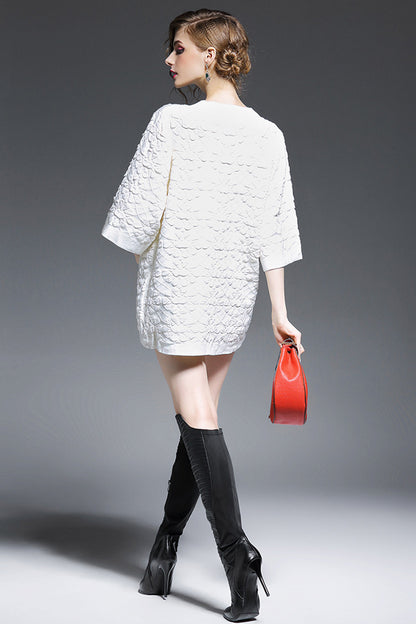 V-Neck Scoop Half Sleeve Loose Knit Jacquard Top - NJOYDRESS - 3