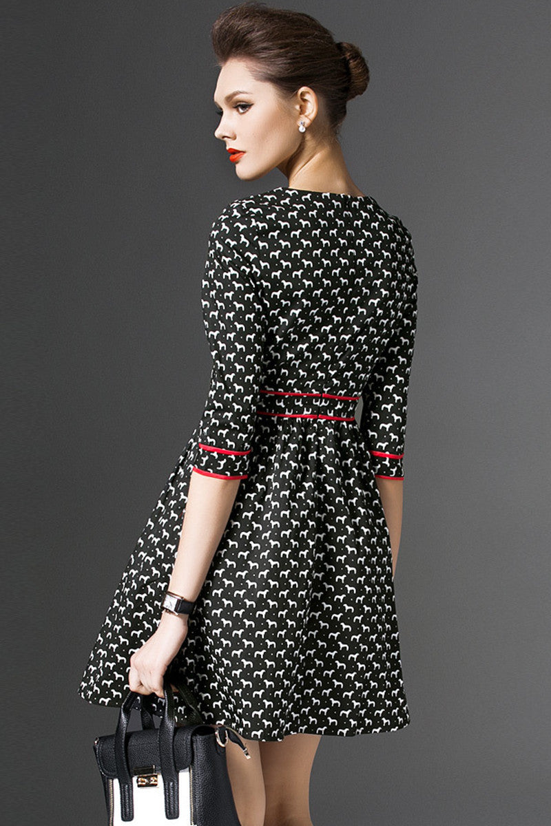 WOMEN'S SLIM FORMAL 3/4 SLEEVE PRINTING ROUND NECK DRESS WITH BELT