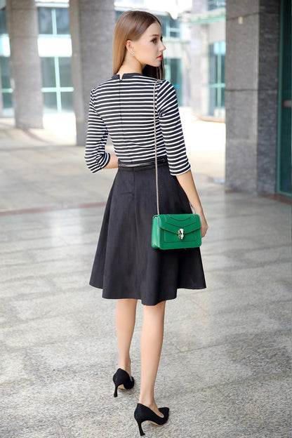 Round Collar 3/4 Sleeve Stripe Knit Patch Suede Dress - NJOYDRESS - 3