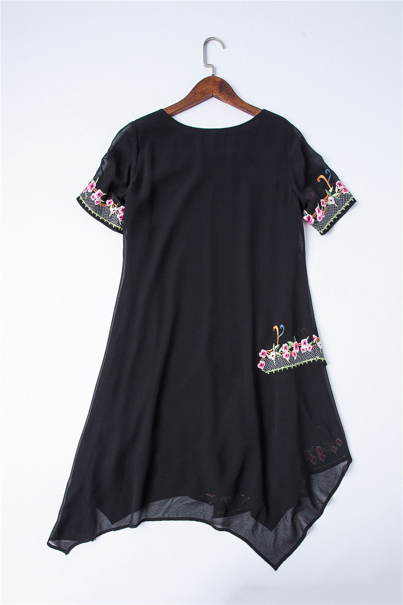 Rural Embroidery Round Neck Irregularity Long Dress
