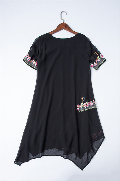 Rural Embroidery Round Neck Irregularity Long Dress