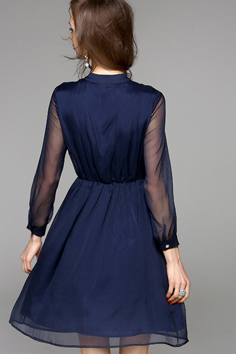 FORMAL STAND COLLAR CHIFFON LONG SLEEVE A-LINE DRESS